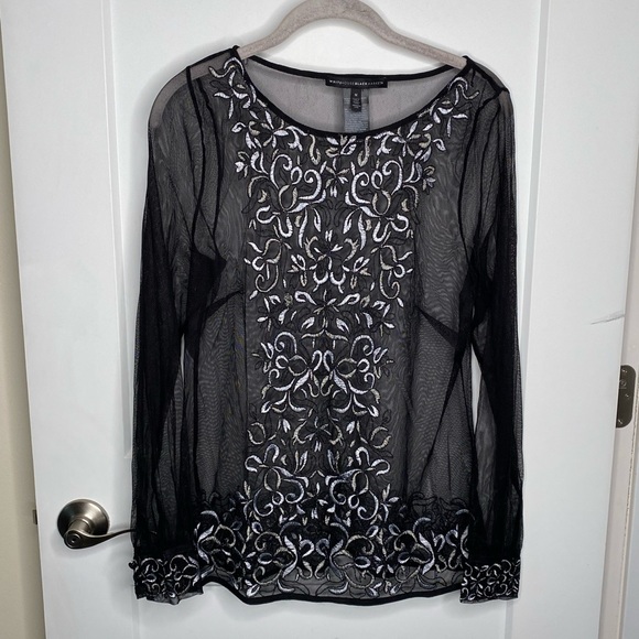 White House Black Market Floral Embroidered Long Sleeve Mesh Blouse Top - Picture 1 of 9